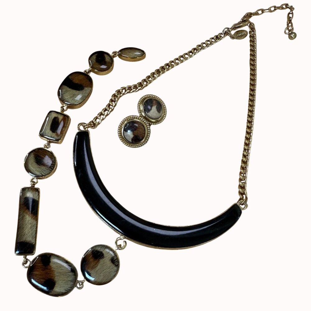 Chico's Reversible Long Avant-Garde Necklace Gold Chain Black & Animal Print‎